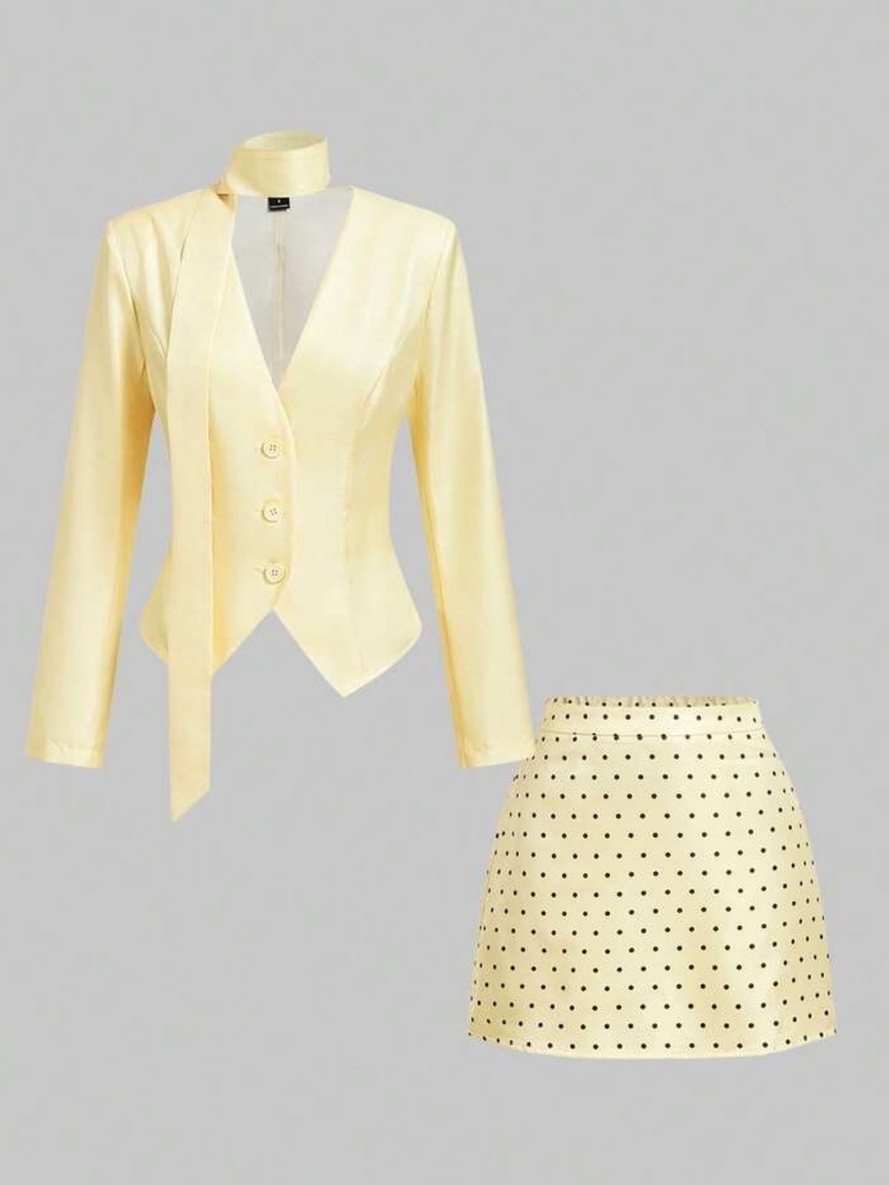 MOD Women's Pastel Yellow V-Neck Long Sleeve Top And Skirt 2 Pieces Set - Picture 2 of 4